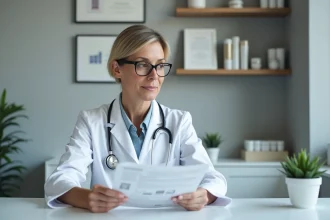 Dermatologue femme analysant des documents sur la crème Ialuset dans une consultation médicale moderne