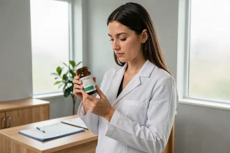 Dermatologue examinant un complément alimentaire contre l'acné dans un cabinet médical moderne