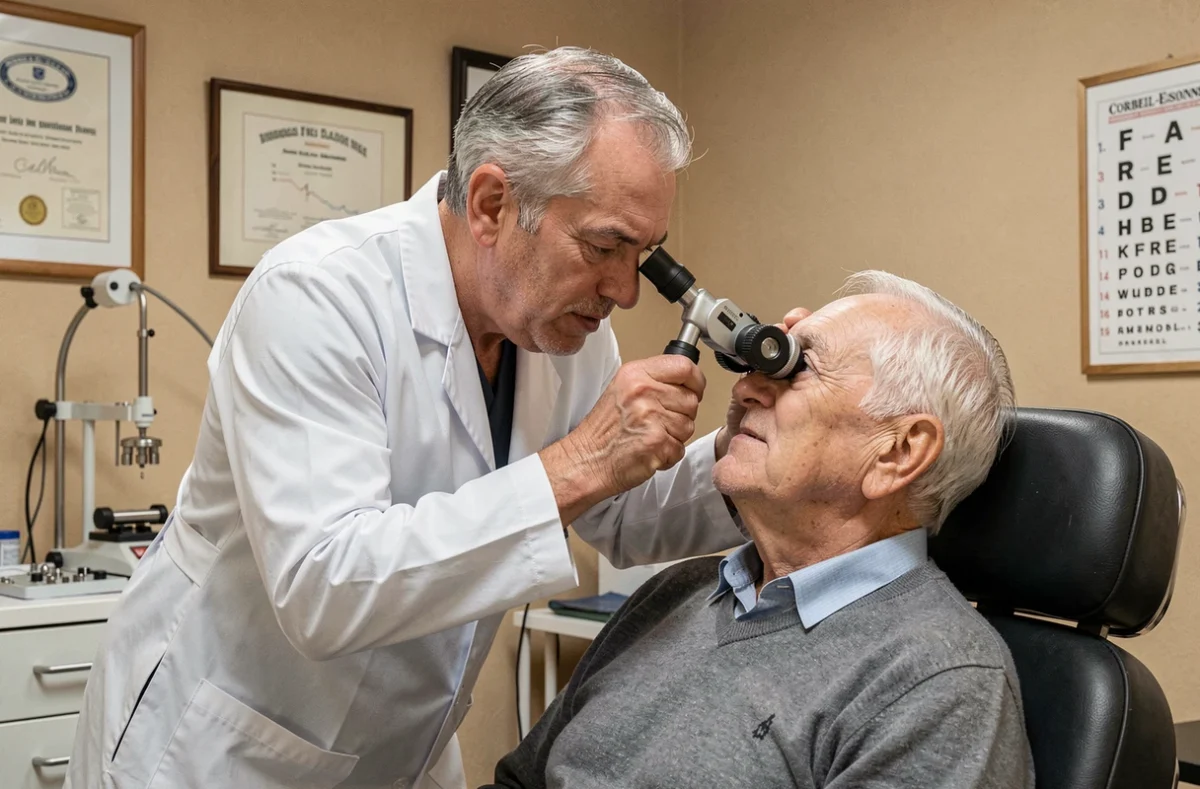 Docteur Daniel Seknazi examinant un patient âgé avec un ophtalmoscope à Corbeil-Essonnes
