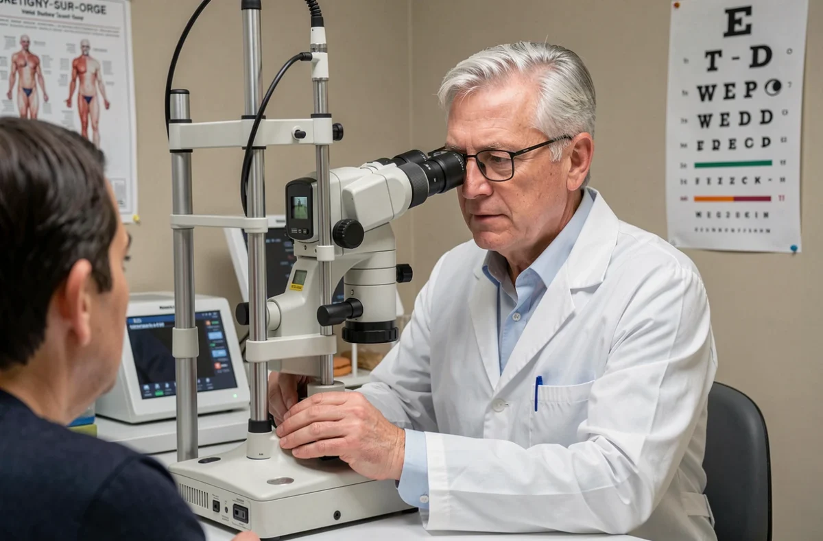 Docteur François Auclin en consultation ophtalmologique avec un patient à Brétigny-sur-Orge