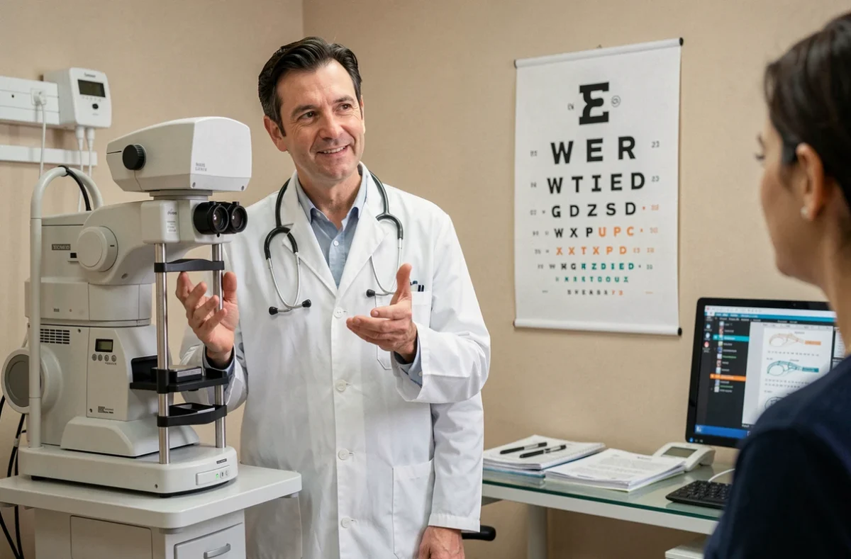 Docteur Philippe Bertin en cabinet ophtalmologique à Arpajon, expliquant les résultats à un patient