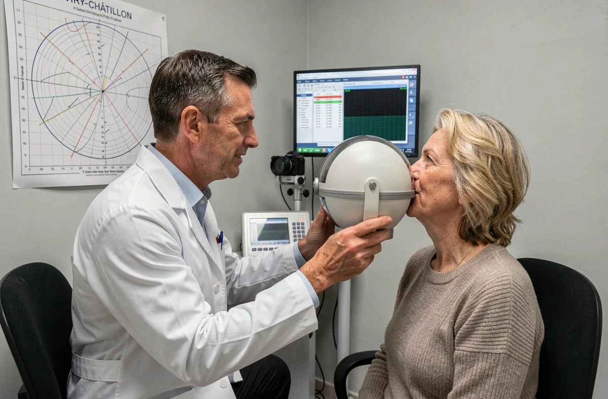 Docteur Saeed Basaraih réalisant un test de champ visuel avec un patient à Viry-Châtillon
