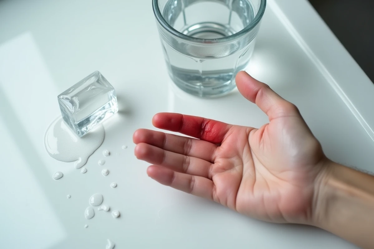 Main avec doigt rougi et enflé posée sur un comptoir avec glaçon fondu après une brûlure