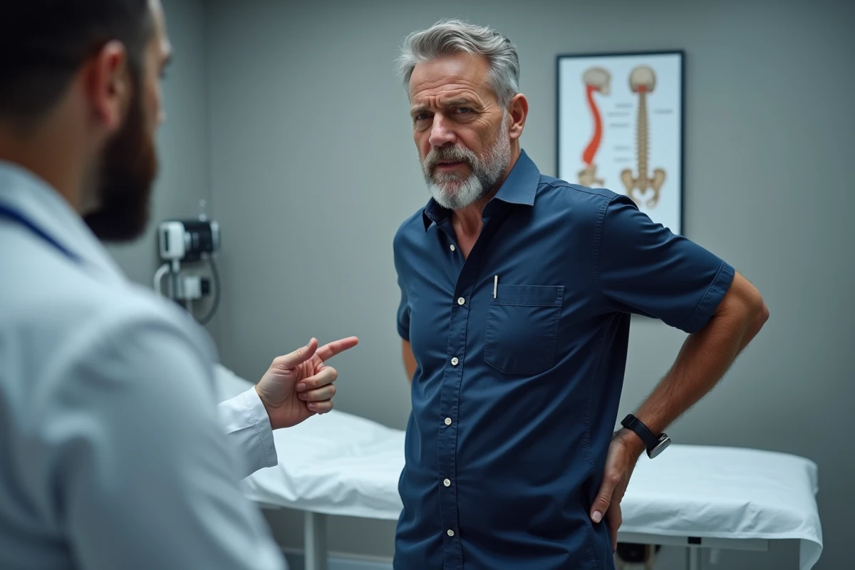 Homme indiquant une douleur dans le haut du dos gauche lors d'une consultation médicale
