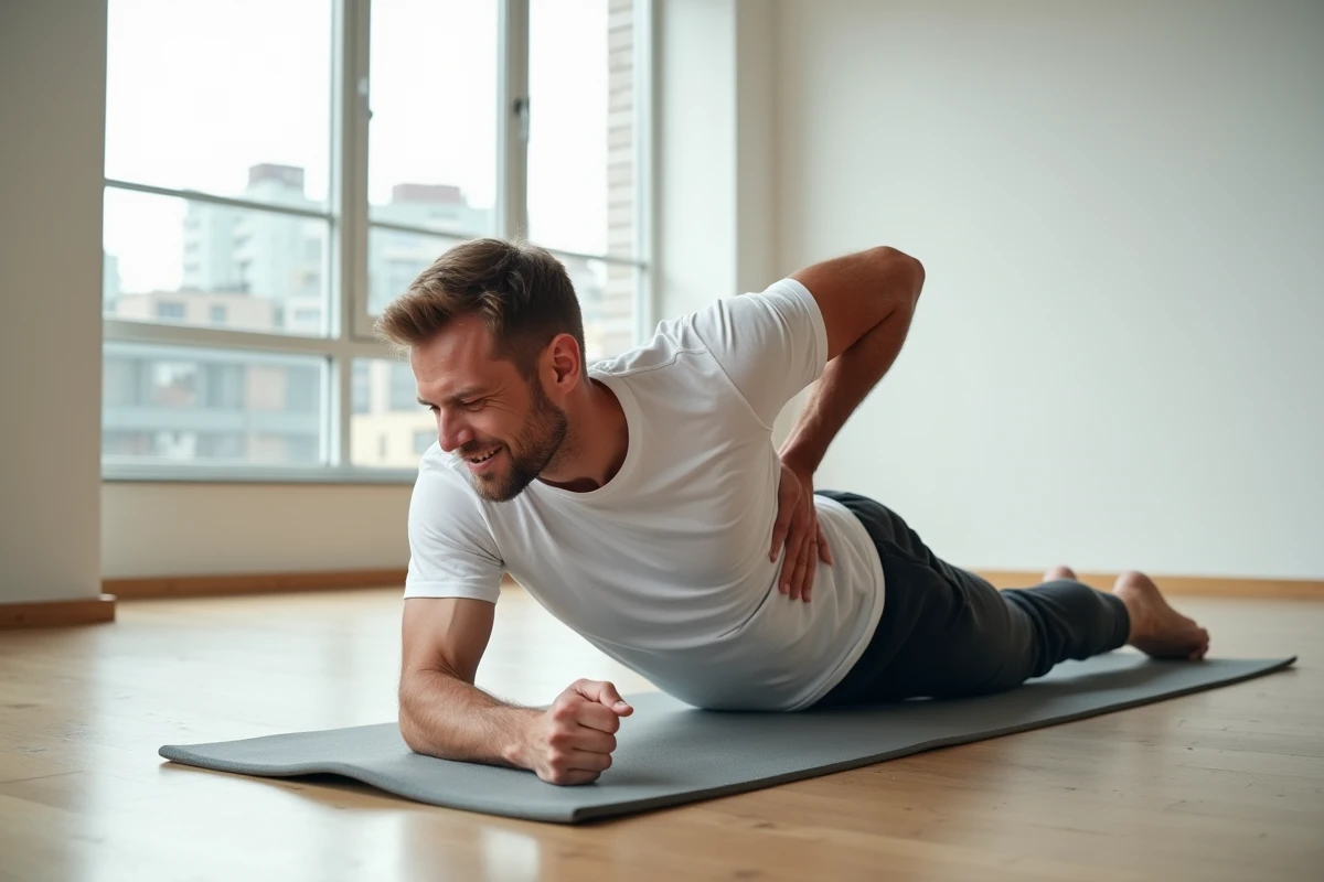 Homme allongé sur un tapis de yoga se tenant le haut du dos gauche pendant un étirement douloureux