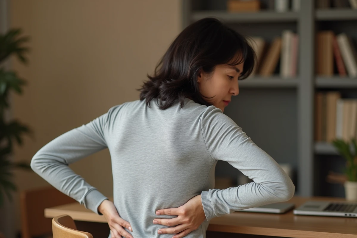 Femme tenant son haut du dos gauche avec une expression de douleur, assise à un bureau à domicile