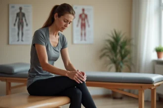 Femme d'âge mûr touchant la face interne de son genou droit, assise dans un cabinet de kinésithérapie, illustrant la douleur liée à une tendinopathie de la patte d'oie