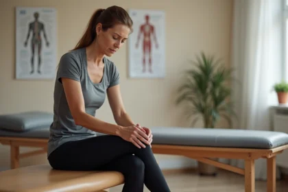 Femme d'âge mûr touchant la face interne de son genou droit, assise dans un cabinet de kinésithérapie, illustrant la douleur liée à une tendinopathie de la patte d'oie