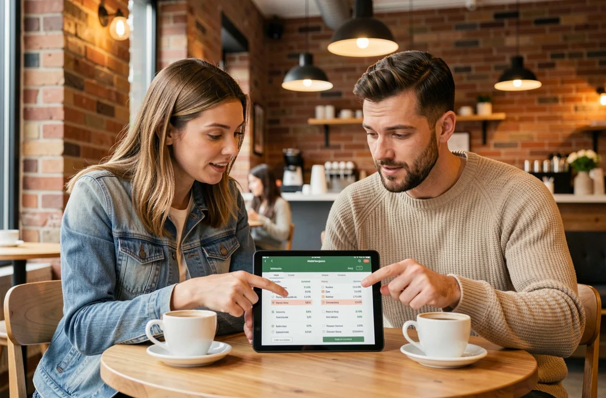 Deux personnes comparant les prix et les options du programme Reborn21 sur une tablette dans un café moderne