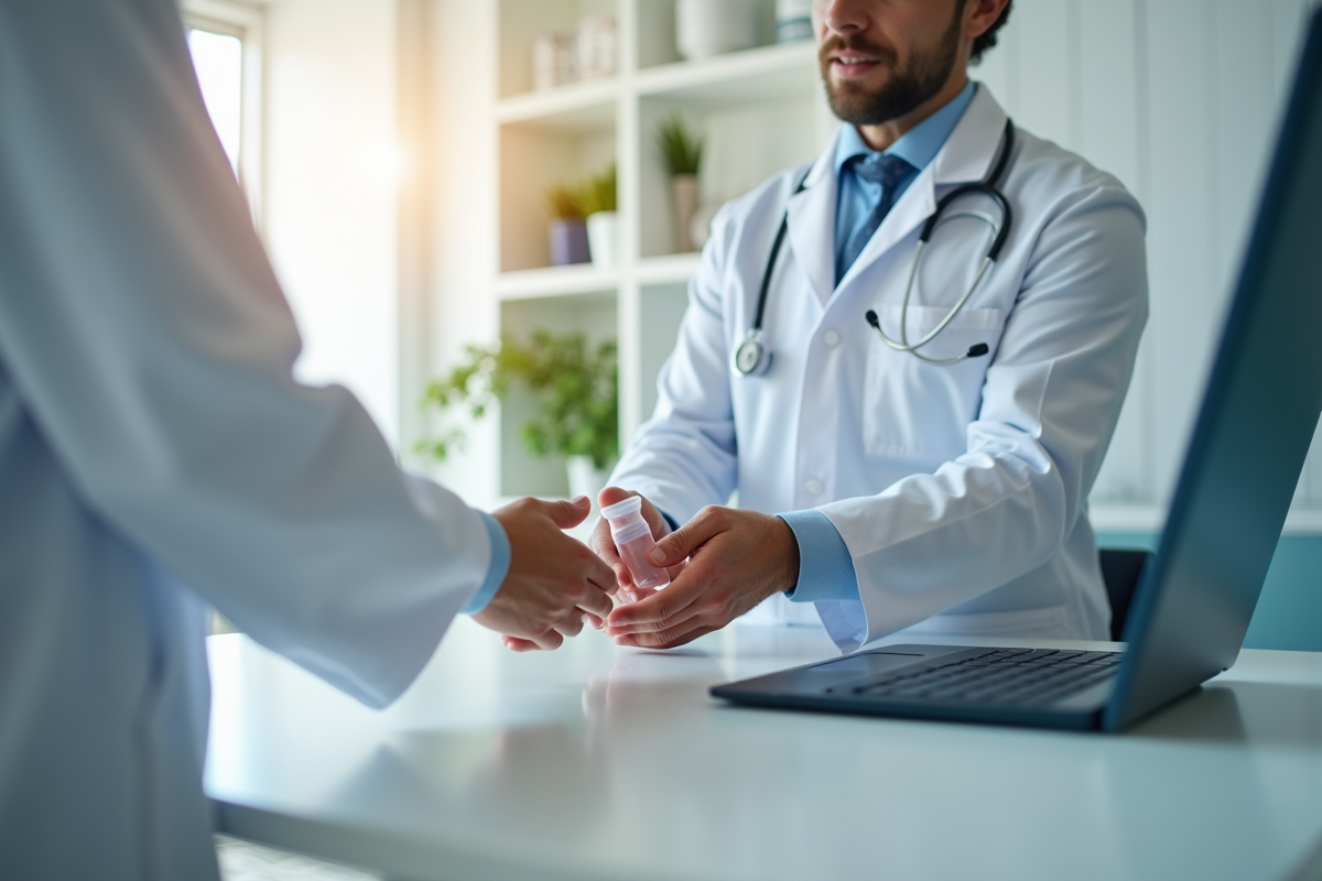 Main d’un médecin passant un récipient d’urine à un patient