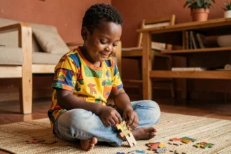 Jeune garçon trisomique africain concentré sur un puzzle en bois, représenté avec dignité dans un cadre familial chaleureux
