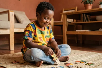 Jeune garçon trisomique africain concentré sur un puzzle en bois, représenté avec dignité dans un cadre familial chaleureux