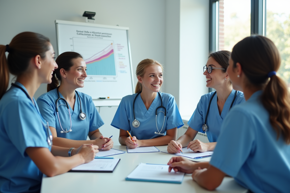 Groupe d infirmieres discutant des opportunites de carrière en equipe