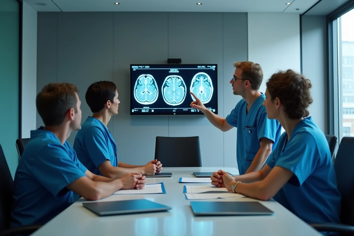 Équipe de neurochirurgiens analysant des images d'IRM cérébrale lors d'une réunion médicale à Tours