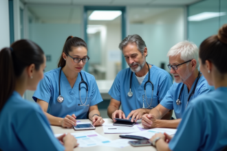 Groupe de professionnels de santé en réunion au hospital