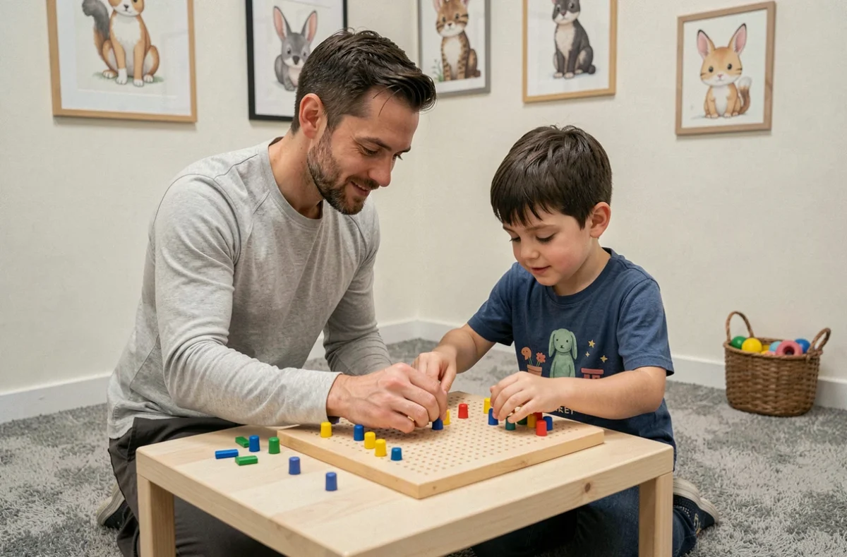 Thérapeute guidant un enfant dans un exercice de motricité fine lors d'une évaluation ergothérapique