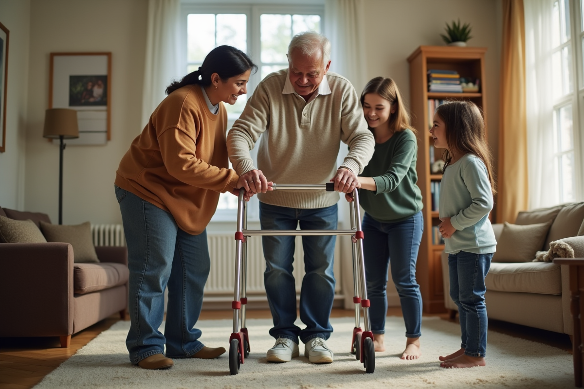 Famille aidant un senior avec un déambulateur dans le salon