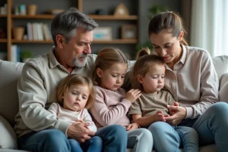 Famille dans le salon examine leurs bras avec inquiétude