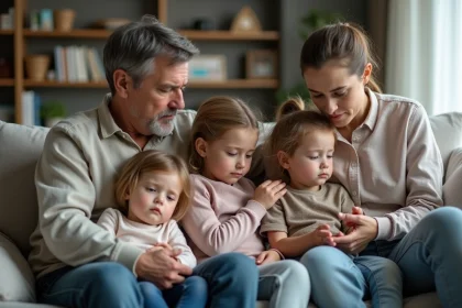 Famille dans le salon examine leurs bras avec inqui&eacute;tude