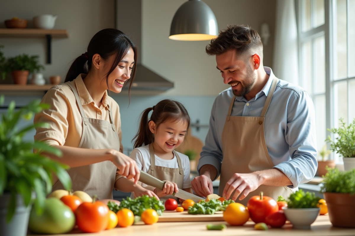 Famille préparant un repas sain dans la cuisine lumineuse
