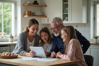 Famille multigénérationnelle consultant une mutuelle santé familiale autour d'une table de cuisine moderne