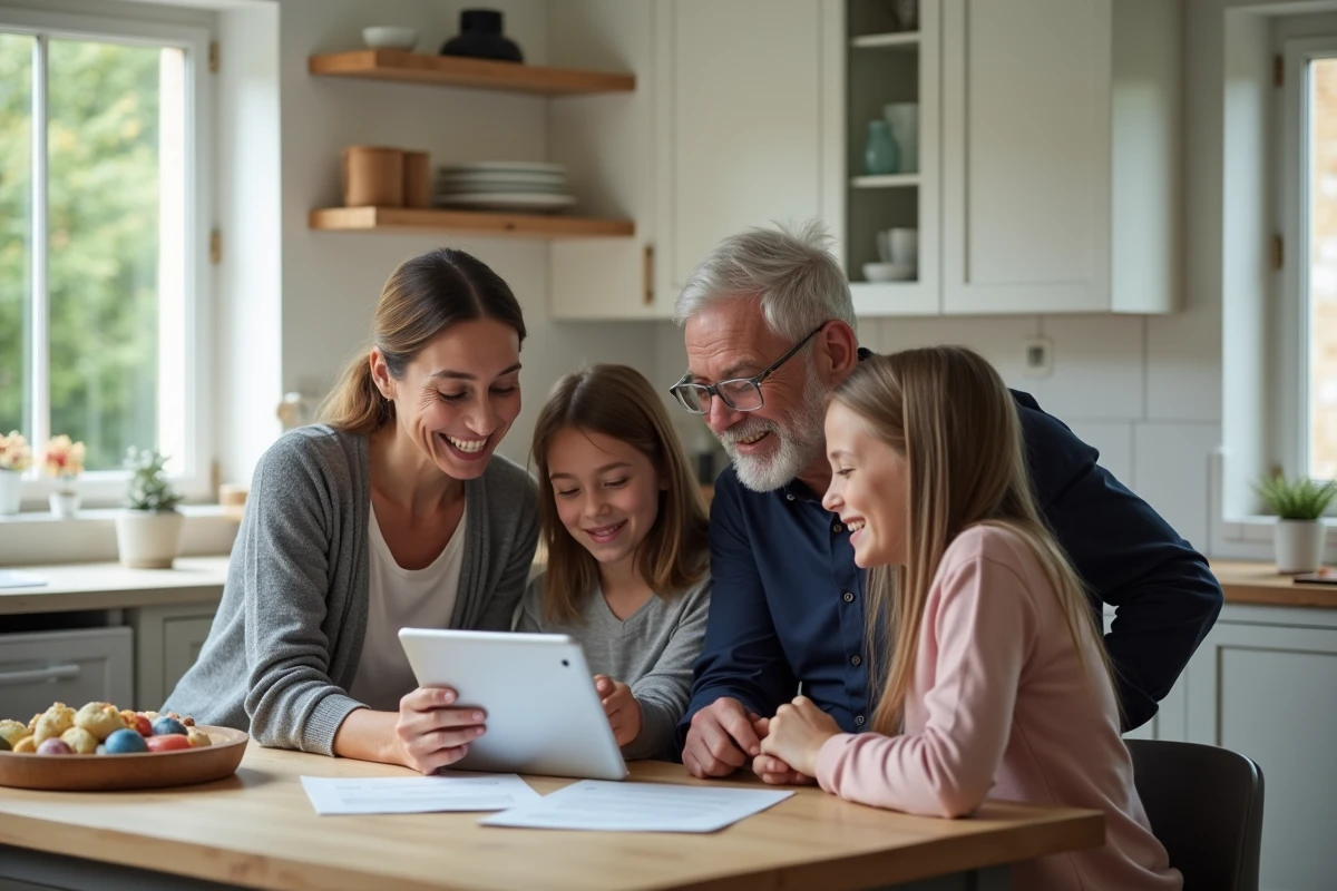Famille multigénérationnelle consultant une mutuelle santé familiale autour d'une table de cuisine moderne