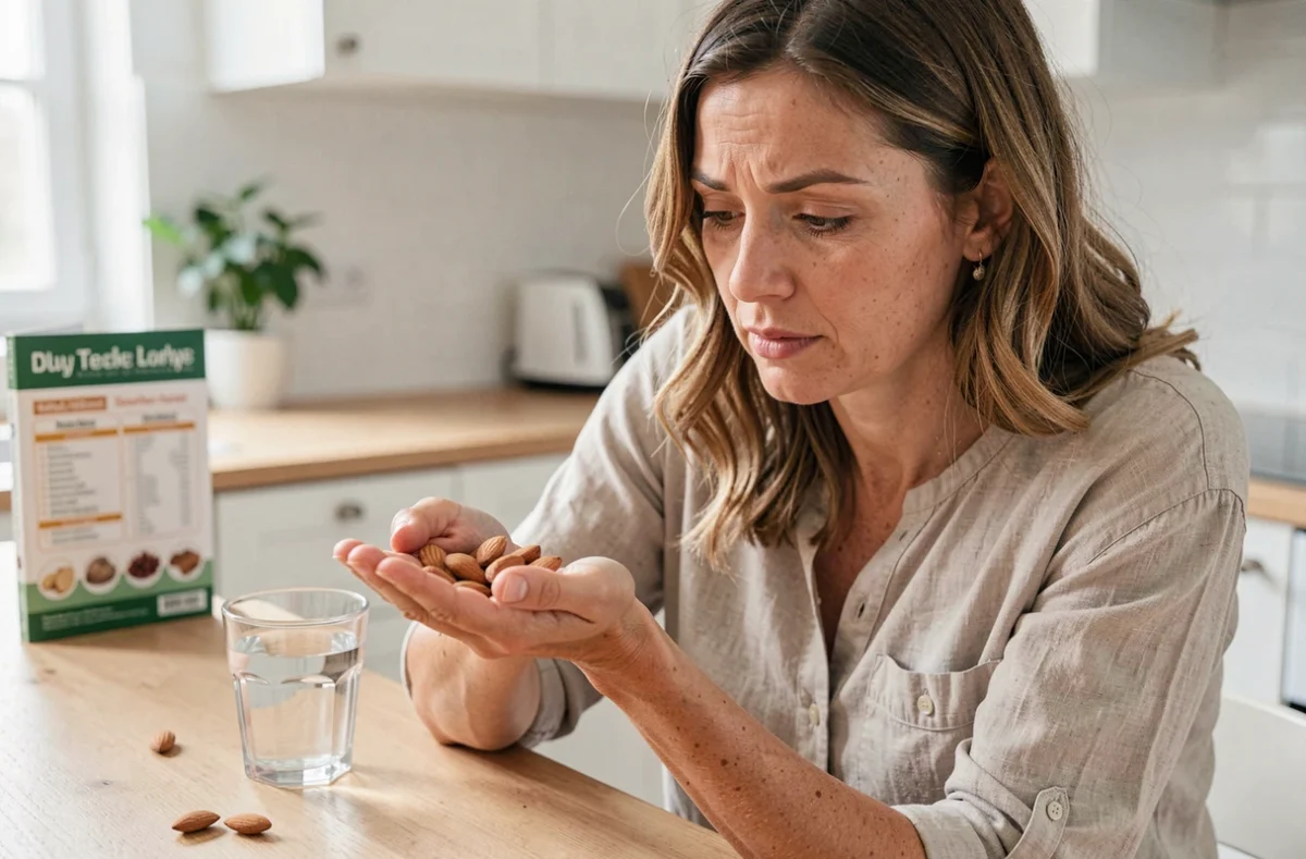 Femme tenant des amandes dans sa main en cuisine, s'informant sur les calories et le cholestérol des amandes