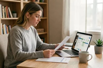 Femme analysant les détails et le prix du programme Reborn21 sur son ordinateur portable dans un bureau à domicile