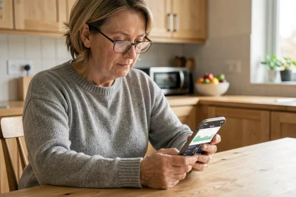 Femme d'âge mûr consultant une application de suivi du diabète sur smartphone dans une cuisine moderne