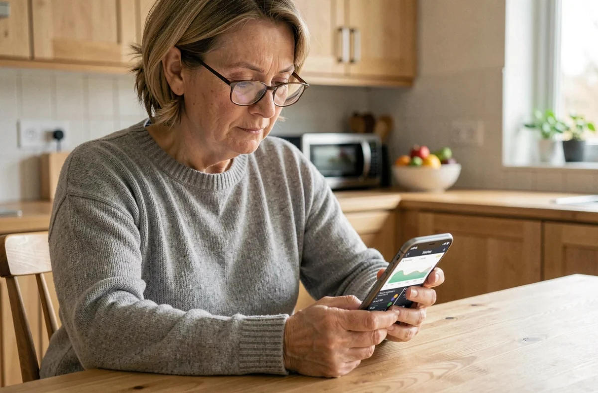 Femme d'âge mûr consultant une application de suivi du diabète sur smartphone dans une cuisine moderne
