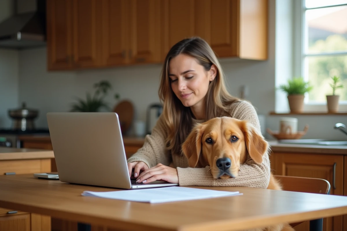 Femme consultant des avis clients sur une assurance animaux pour son chien golden retriever