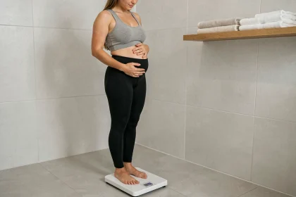 Femme après grossesse debout sur une balance impédancemètre dans une salle de bain minimaliste, regardant l'écran avec sérénité