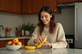 Femme mangeant une banane le soir dans sa cuisine pour calmer ses envies de sucre