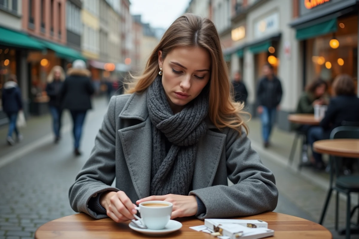 Jeune femme belge sirotant un caf&eacute; en ville