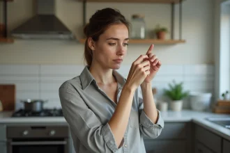 Femme examinant une brûlure légère sur son doigt dans une cuisine moderne