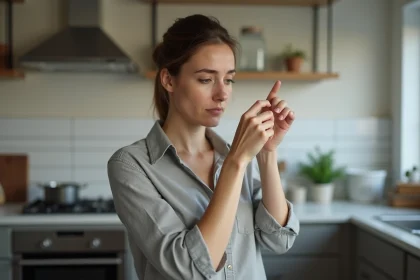 Femme examinant une brûlure légère sur son doigt dans une cuisine moderne