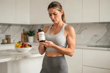 Femme lisant l'étiquette d'un complément minceur Indiva System dans une cuisine moderne — avis consommateur 2026