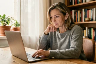 Femme d'une quarantaine d'années consultant un simulateur d'espérance de vie en ligne sur son ordinateur portable dans un bureau à domicile