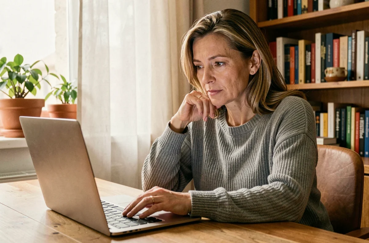 Femme d'une quarantaine d'années consultant un simulateur d'espérance de vie en ligne sur son ordinateur portable dans un bureau à domicile