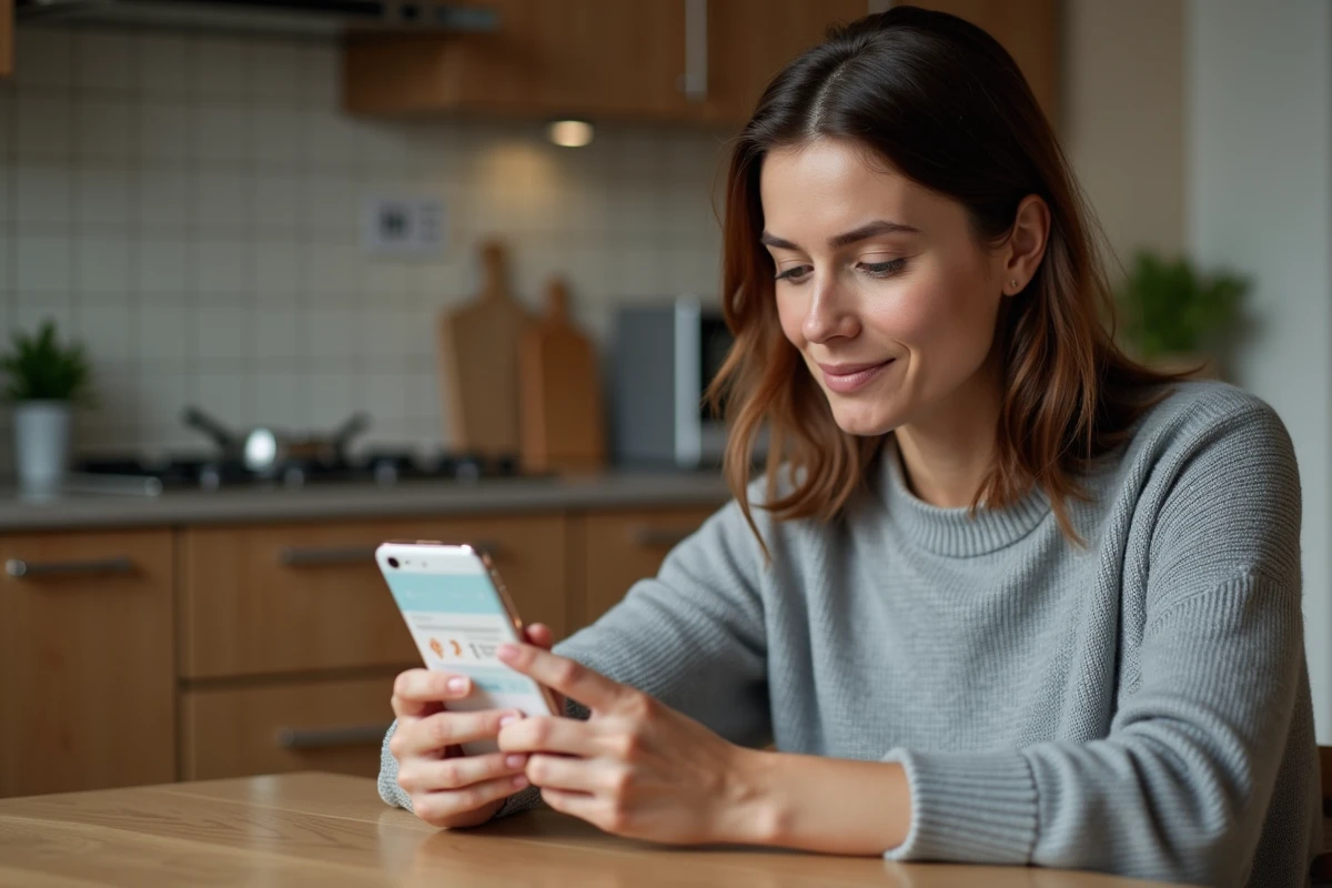 Femme consultant ses résultats d'analyses médicales sur smartphone via l'application Laboconnect dans une cuisine moderne