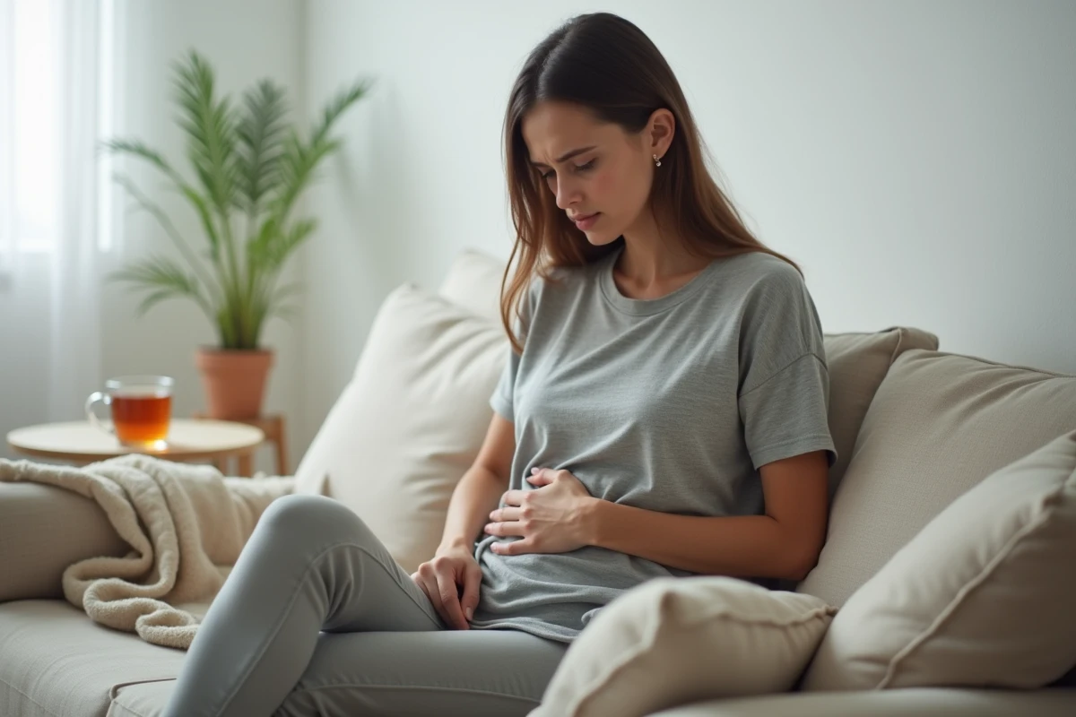 Jeune femme assise tenant son ventre sur un canapé, illustrant les crampes intestinales et l'inconfort digestif après consommation de pruneaux