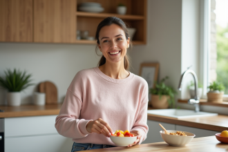 Femme préparant un bol de fruits dans une cuisine lumineuse