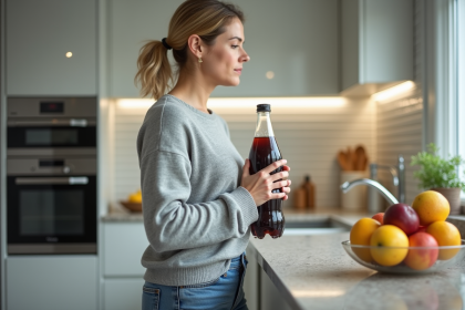 Femme h&eacute;sitant &agrave; boire un soda dans la cuisine moderne