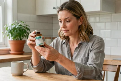 Femme tenant un flacon de vitamine B12 dans une cuisine lumineuse, illustrant une cure de complémentation contre la fatigue