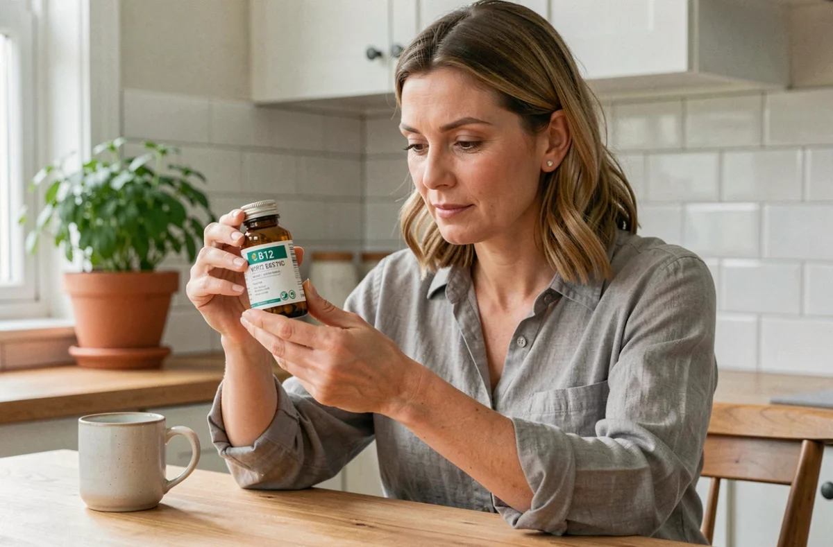 Femme tenant un flacon de vitamine B12 dans une cuisine lumineuse, illustrant une cure de complémentation contre la fatigue