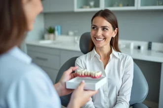 Femme dentaire souriante montrant un moulage dentaire avec couronnes