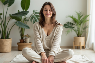 Femme détendue en studio avec plantes vertes