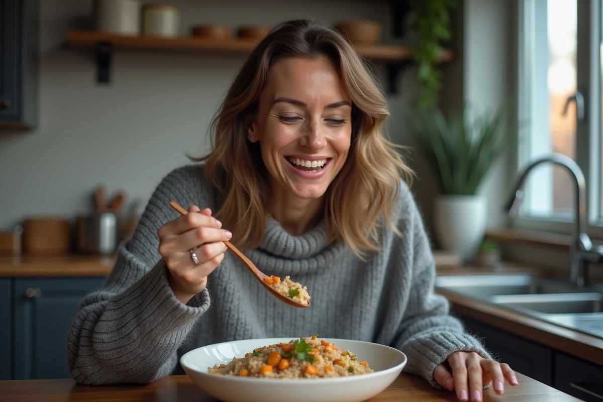 Femme mangeant un bol de riz complet avec légumes rôtis au dîner dans une cuisine cosy