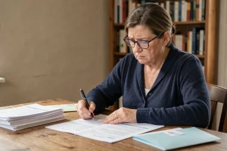 Femme d'âge mûr remplissant un dossier MDPH à domicile pour une demande d'AAH liée à une discopathie dégénérative