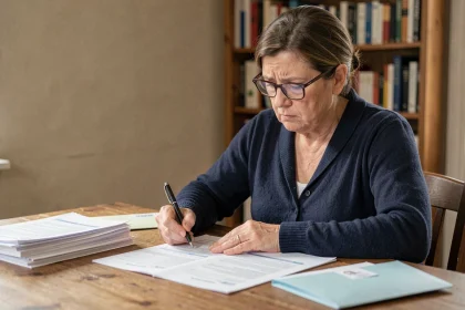 Femme d'âge mûr remplissant un dossier MDPH à domicile pour une demande d'AAH liée à une discopathie dégénérative